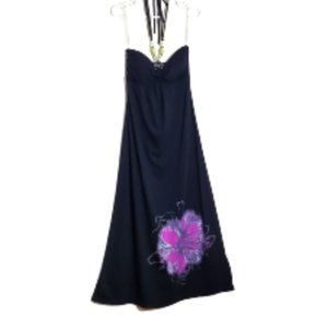 Planet Gold Long Black Dress with Cute Flower image Detail